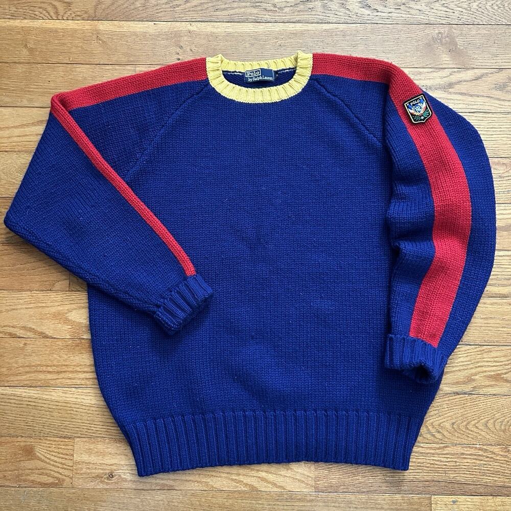 Vintage Polo Ralph Lauren Uni Crest 100% Wool Knit Raglan Ski Sweater XL